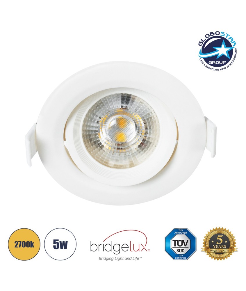 GLOBOSTAR® DE VALERA 60184 Χωνευτό Κινούμενο Downlight Σποτ LED 5W 470lm 60° AC 220-240V IP20 Θερμό Λευκό 2700K - Bridgelux SMD Chip & TÜV SÜD Driver - Λευκό Ματ - Μ9 x Π9 x Υ4cm - Q8cm - 3 Χρόνια Εγγύηση